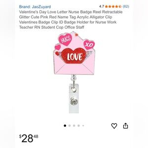Valentine Pink Glitter 'Love' Envelope Badge Reel